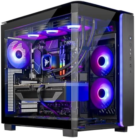 Alt Text for image 1: Front view of Skytech Gaming King 95 Desktop PC showcasing RGB lighting and sleek design